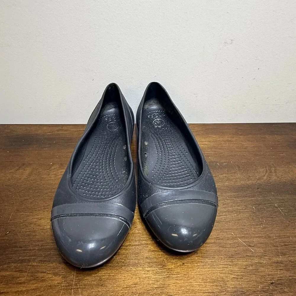 Crocs Ballet Flats Womens Sz 7 Black Rubber Slip On Cap Toe Shoes Loafers